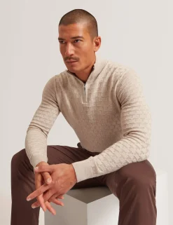 Branded Texture Zip Neck Jumper