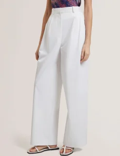 Cotton Pleated Front Wide Leg Trousers