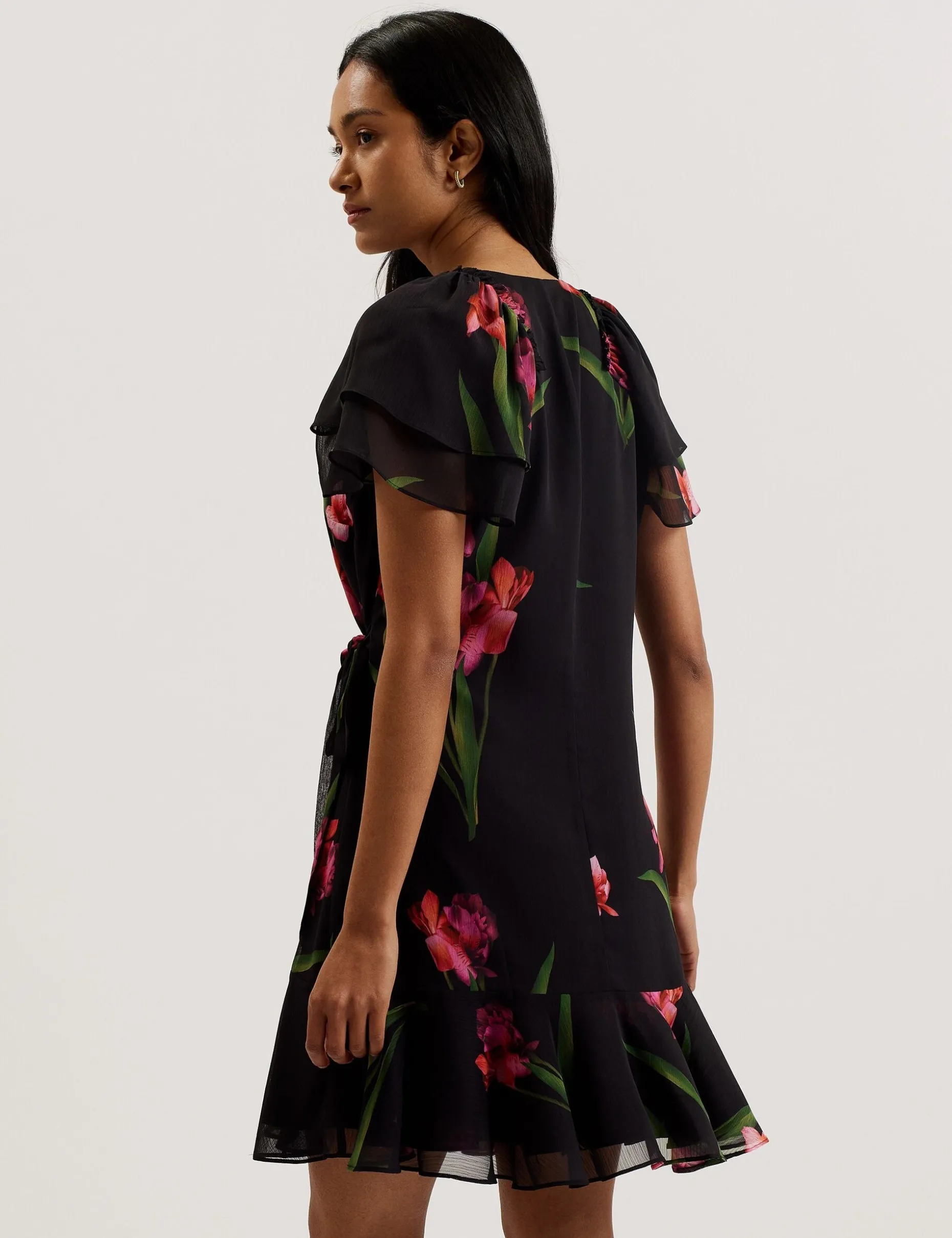Floral Angel Sleeve Wrap Mini Dress