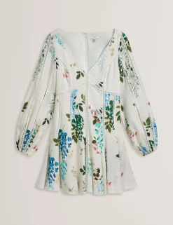 Floral Crochet Trim Linen Mini Dress