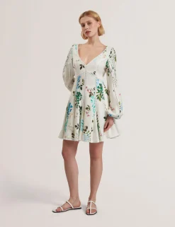 Floral Crochet Trim Linen Mini Dress