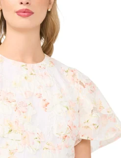 Floral Overlay Flutter Sleeve Midi Dress
