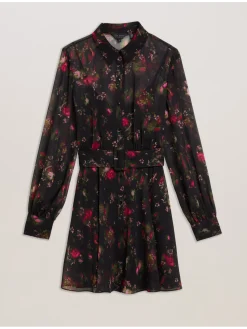 Floral Print Belted Mini Shirt Dress
