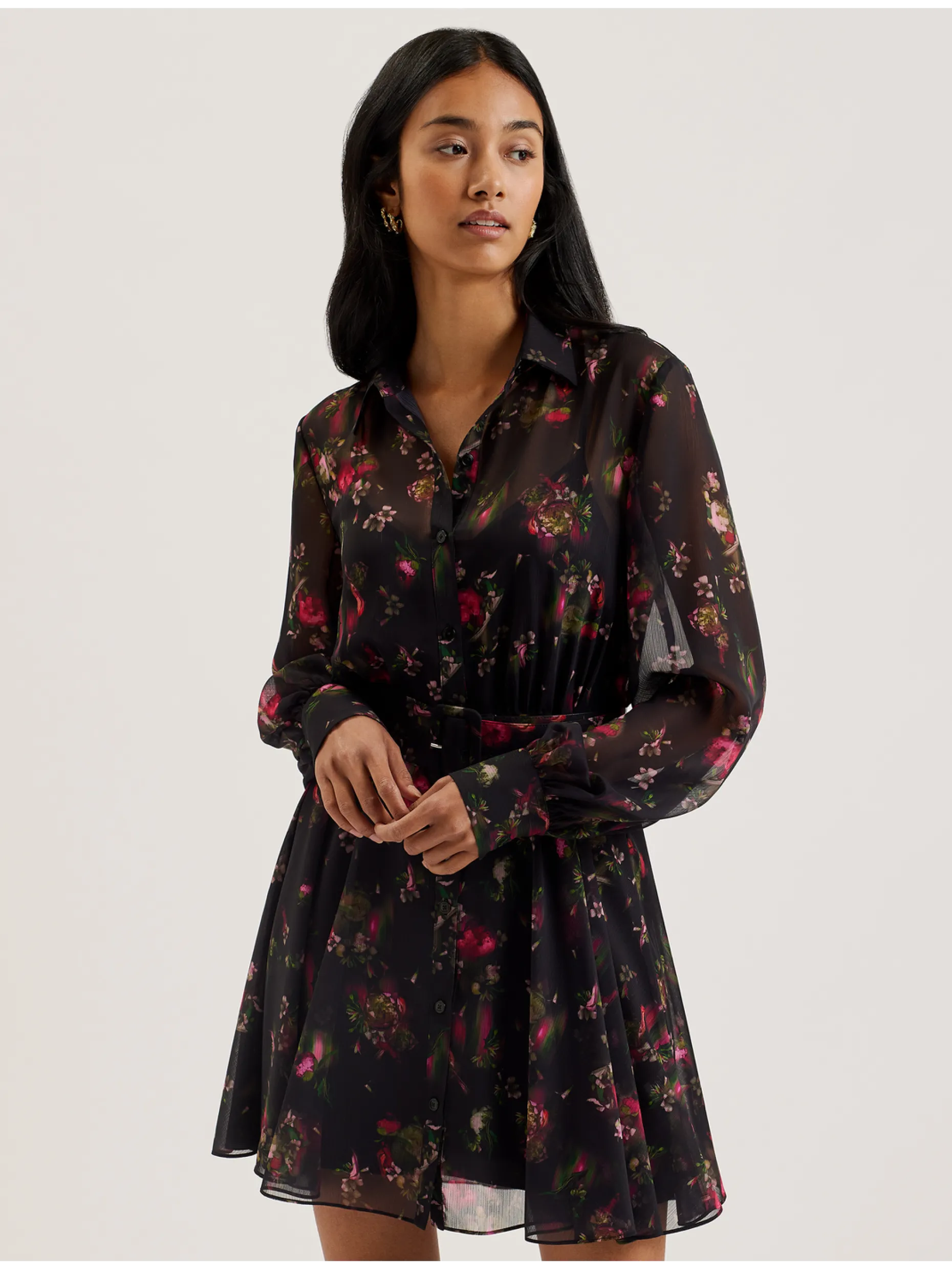 Floral Print Belted Mini Shirt Dress