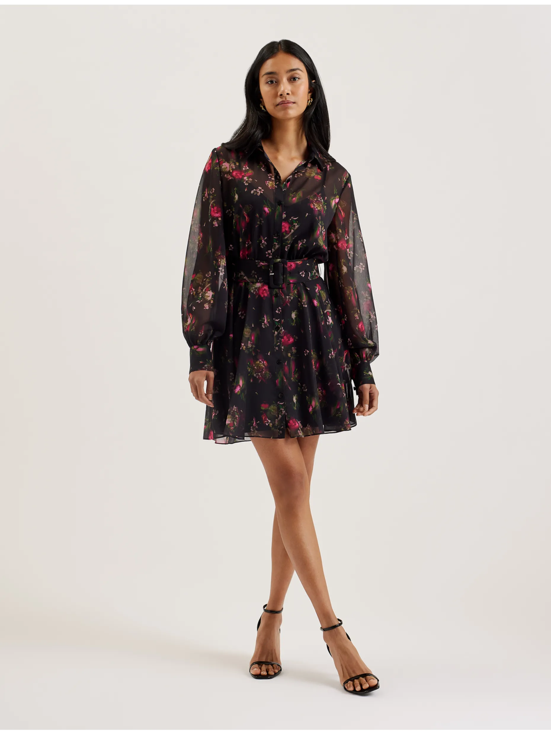 Floral Print Belted Mini Shirt Dress
