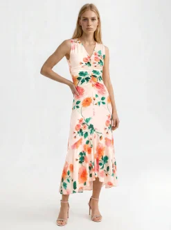 Floral Ruched Front Sleeveless Midi Dress