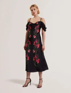 Floral Satin Off Shoulder Bias Midi Dress