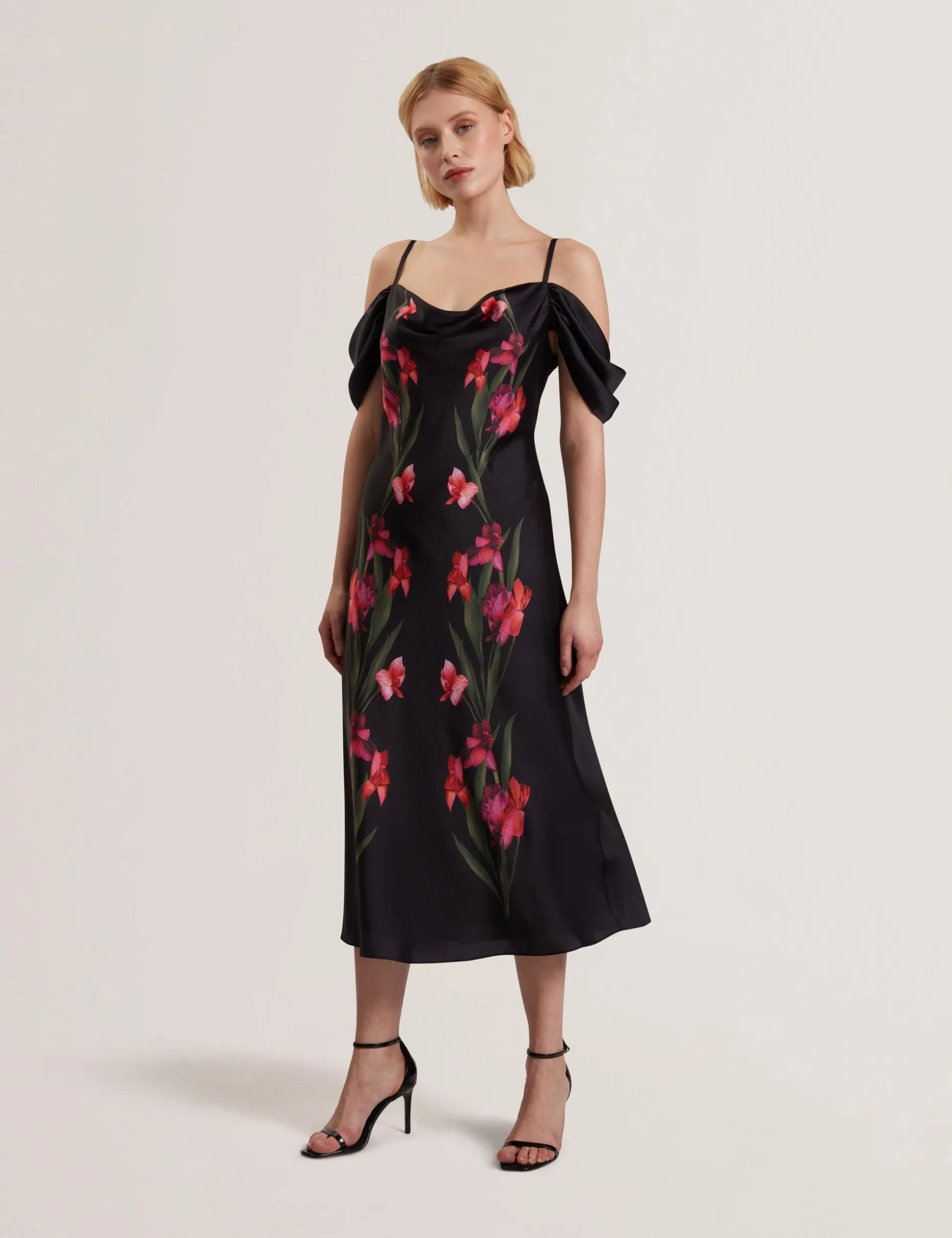 Floral Satin Off Shoulder Bias Midi Dress