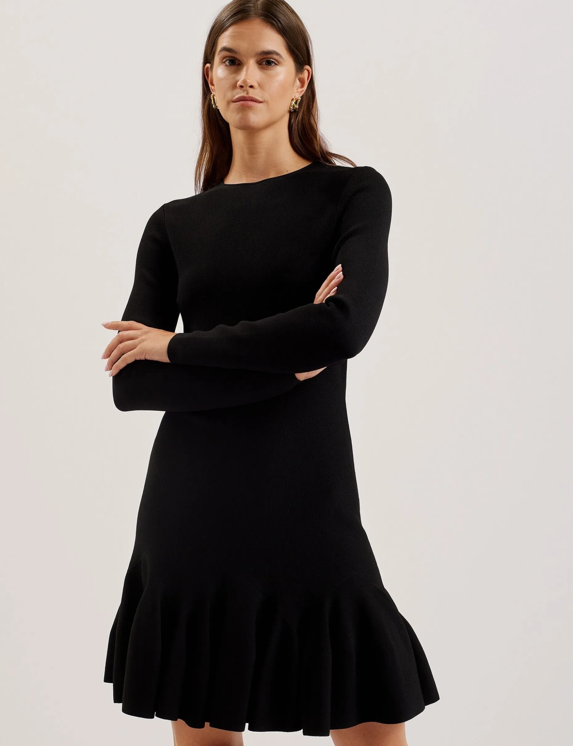 Flounce Hem Long Sleeve Knitted Mini Dress