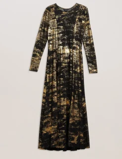 Foil Print Long Sleeve Mesh Midi Dress