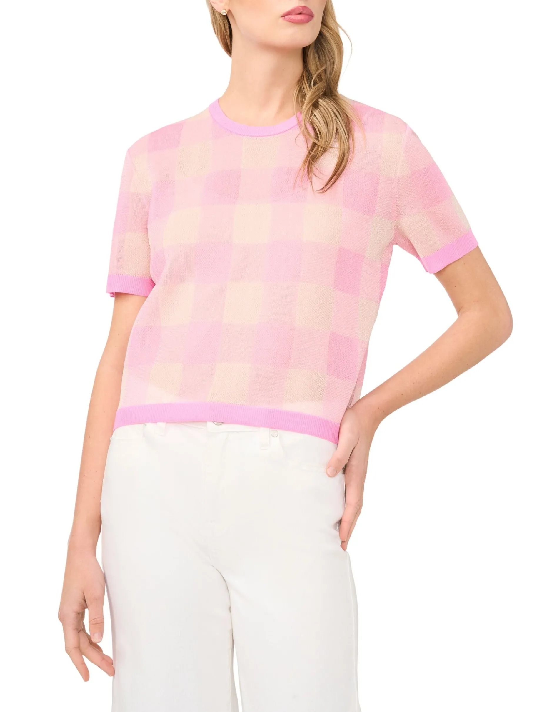 Gingham Woven Knit Short Sleeve Top