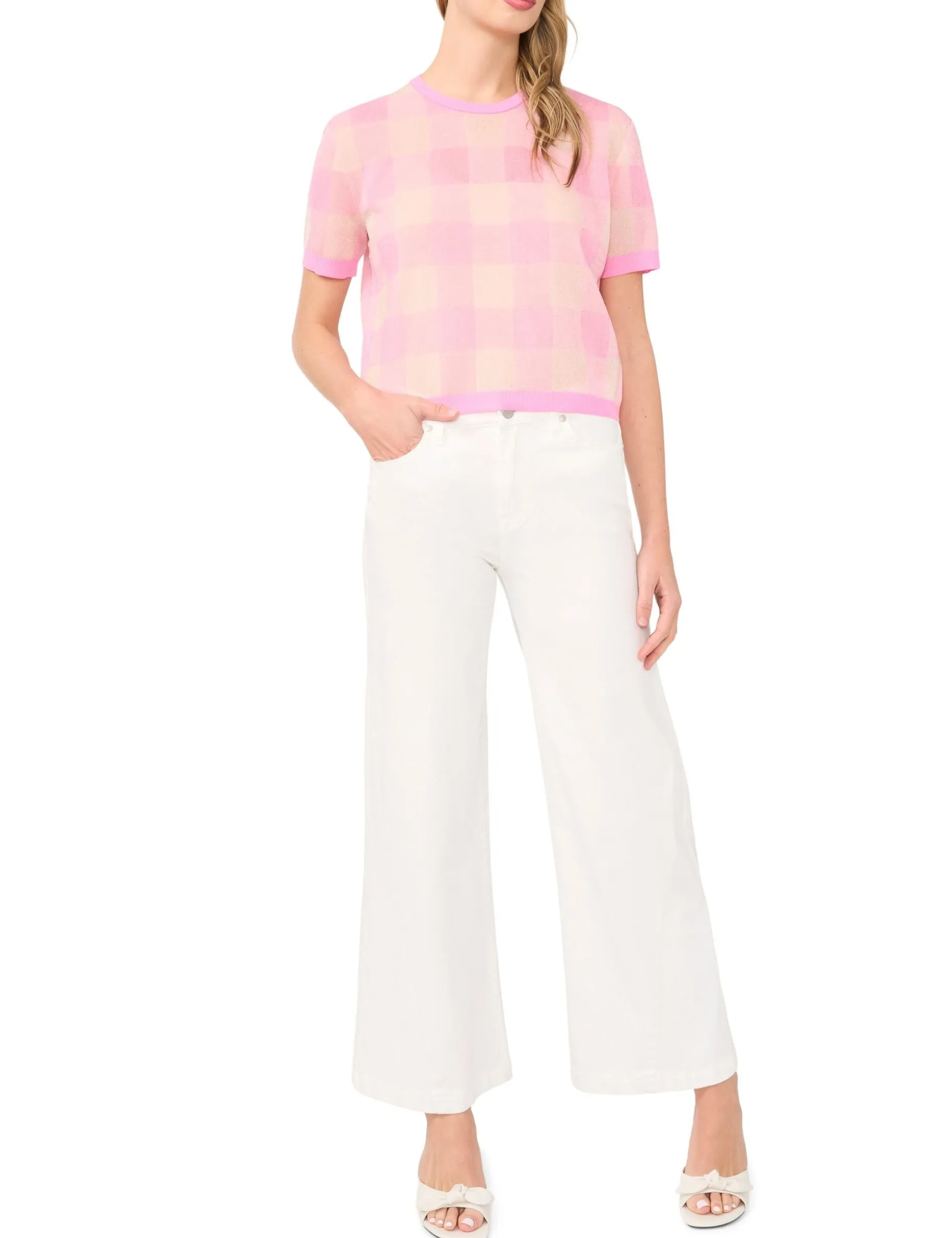 Gingham Woven Knit Short Sleeve Top