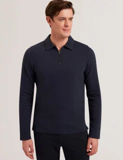 Herringbone Zip Neck Long Sleeve Polo