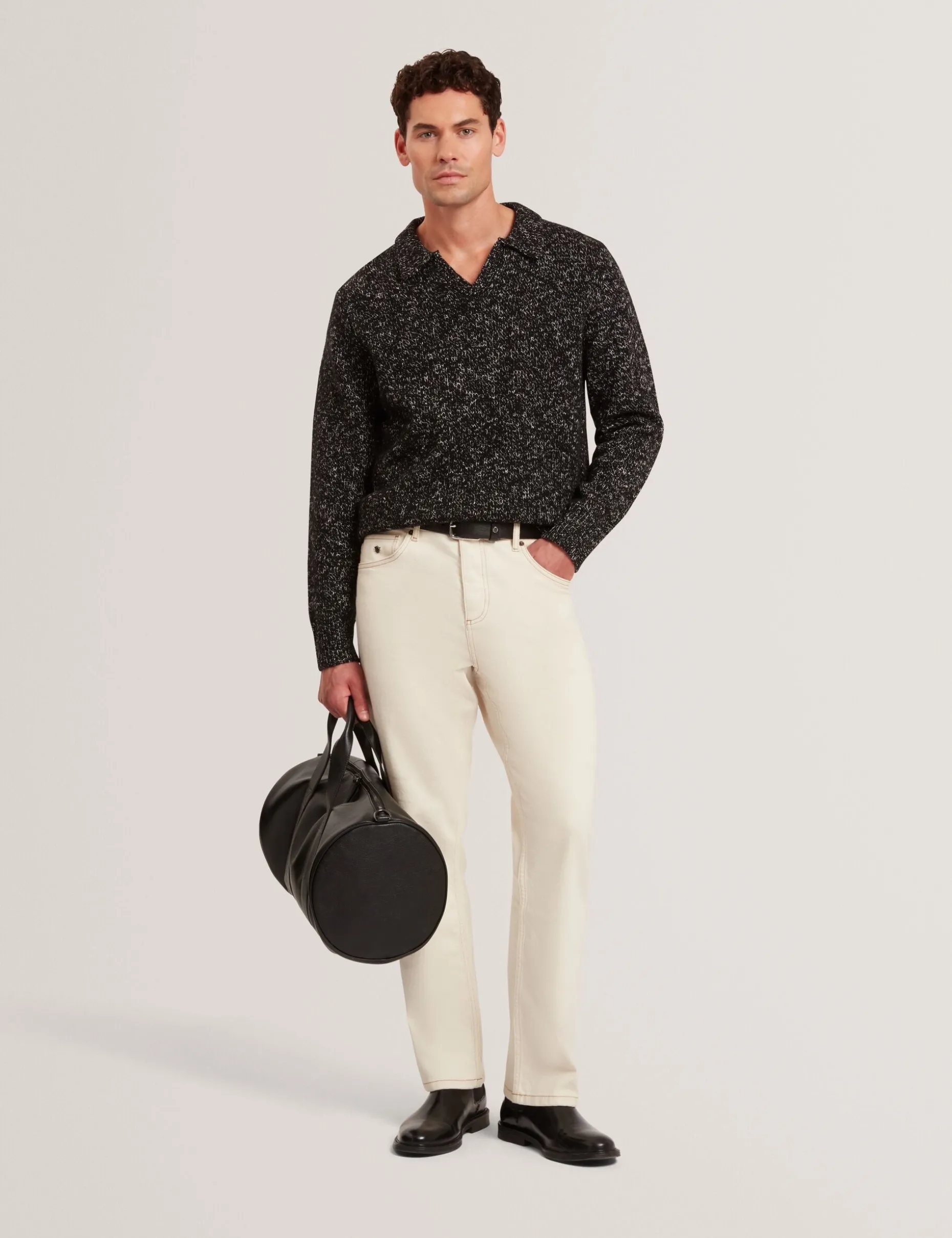 Melange Knit Long Sleeve Polo Shirt