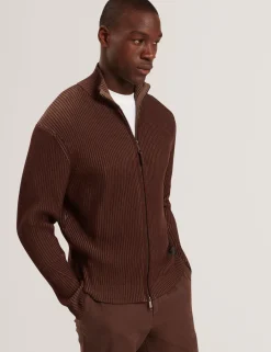 Rib Knit Funnel Neck Zip-Up Sweater