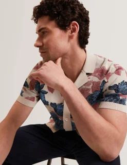 Shaded Floral Knit Button-Through Polo Shirt