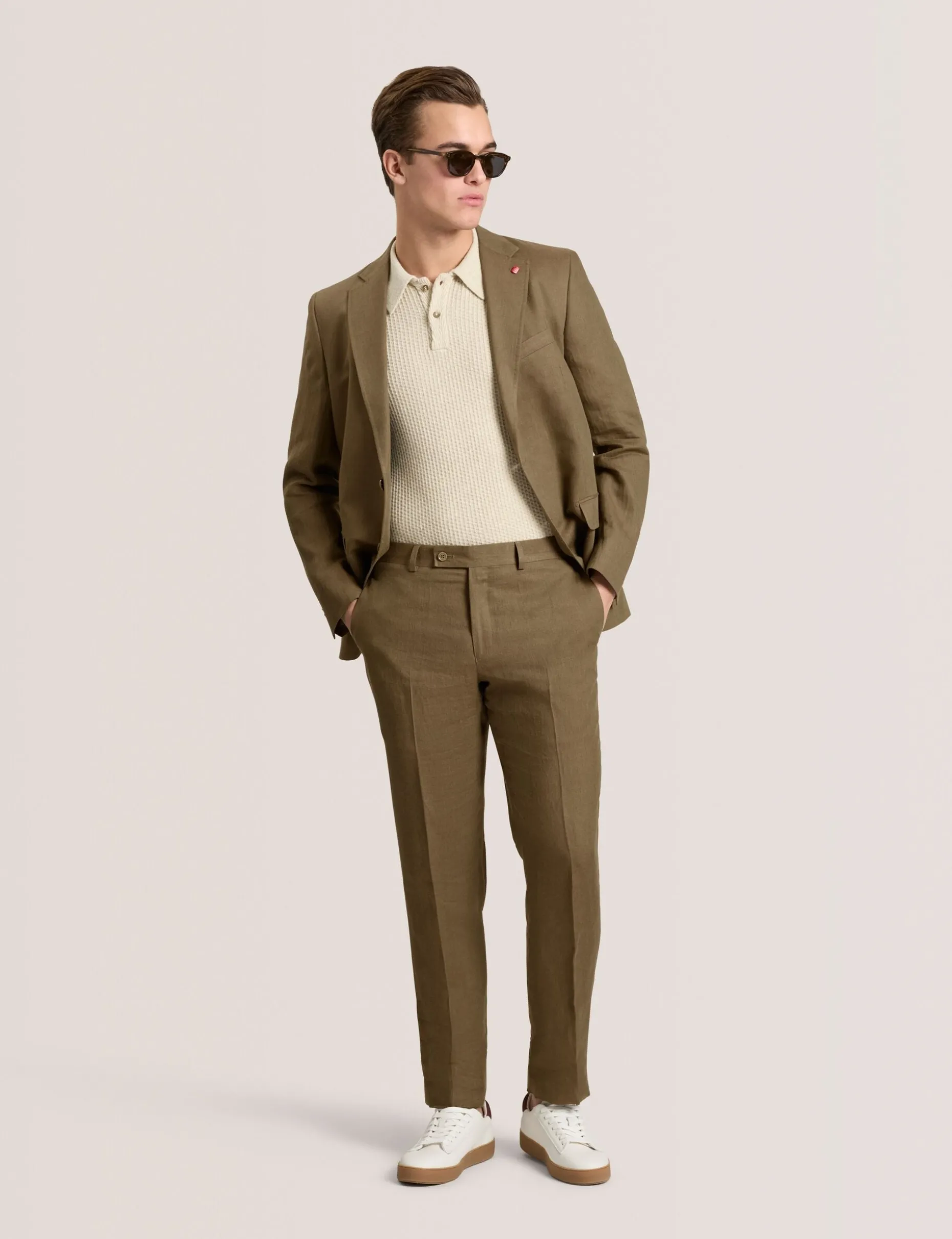 Single Breasted Two Button Notch Flat Front Linen Suit Jacket