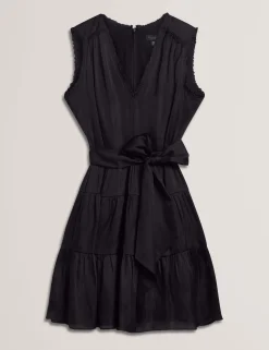 Sleeveless Tie Waist Tiered Mini Dress