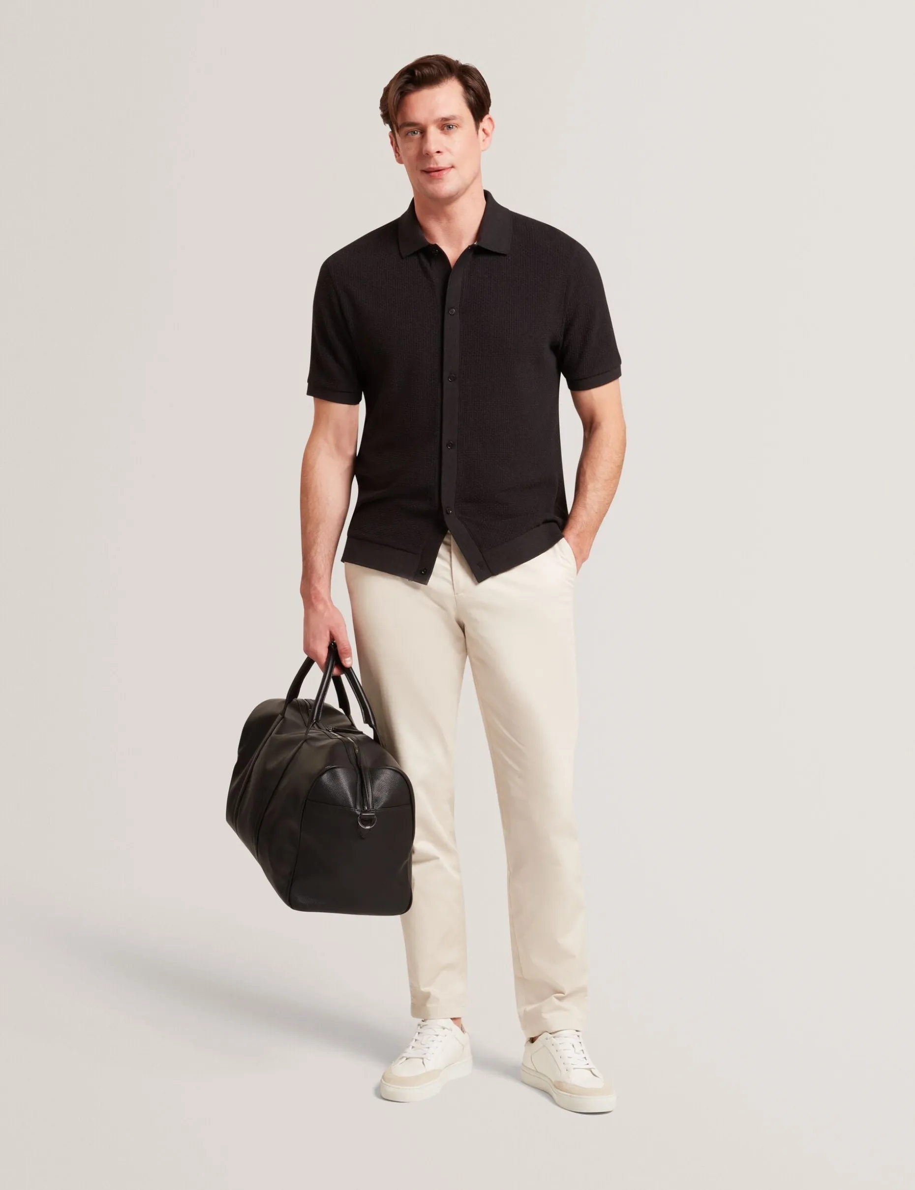 Textured Knit Button-Through Polo Shirt