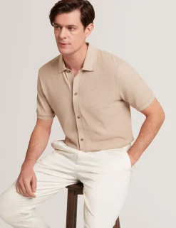 Textured Knit Button-Through Polo Shirt