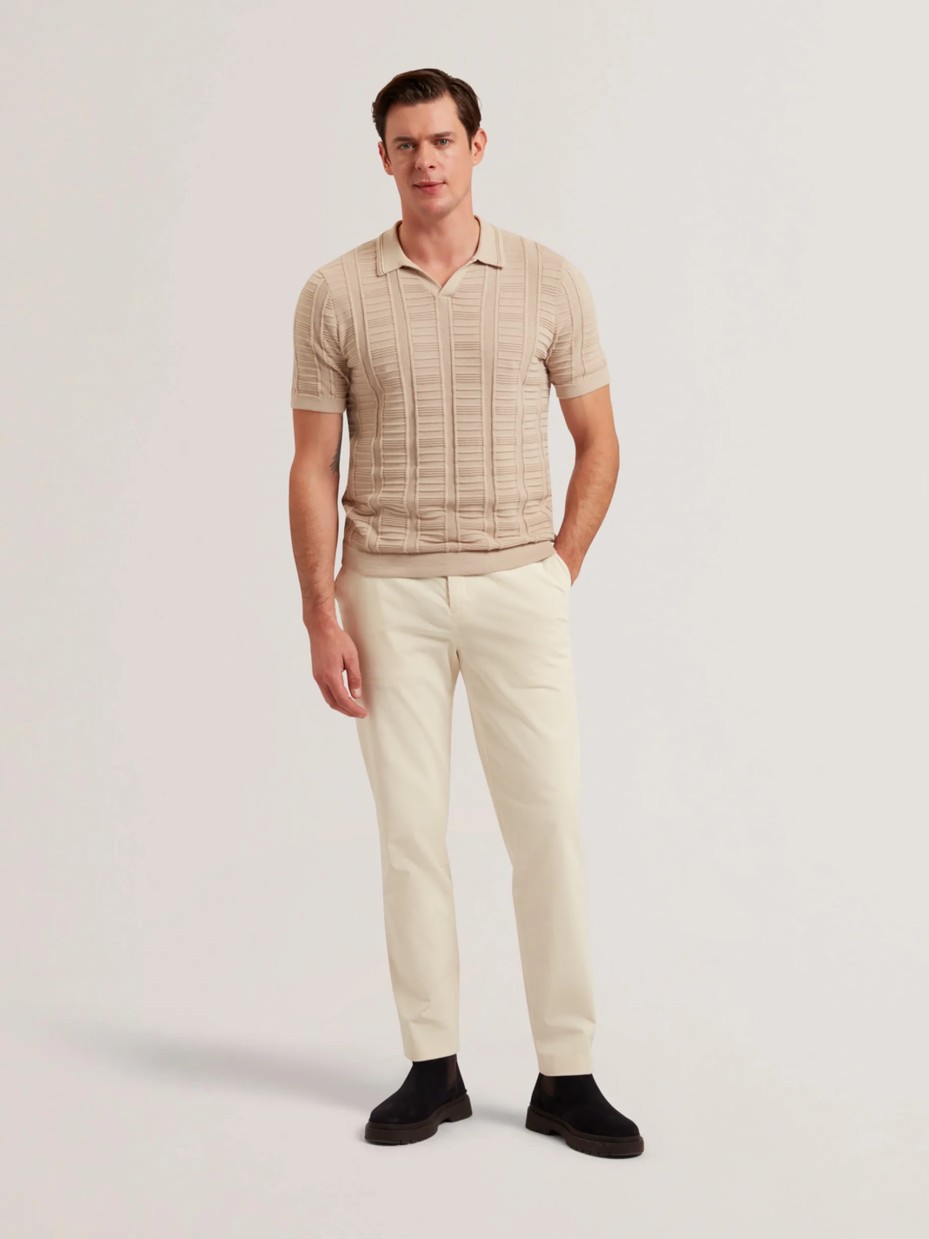 Textured Stripe Open Neck Knitted Polo Shirt